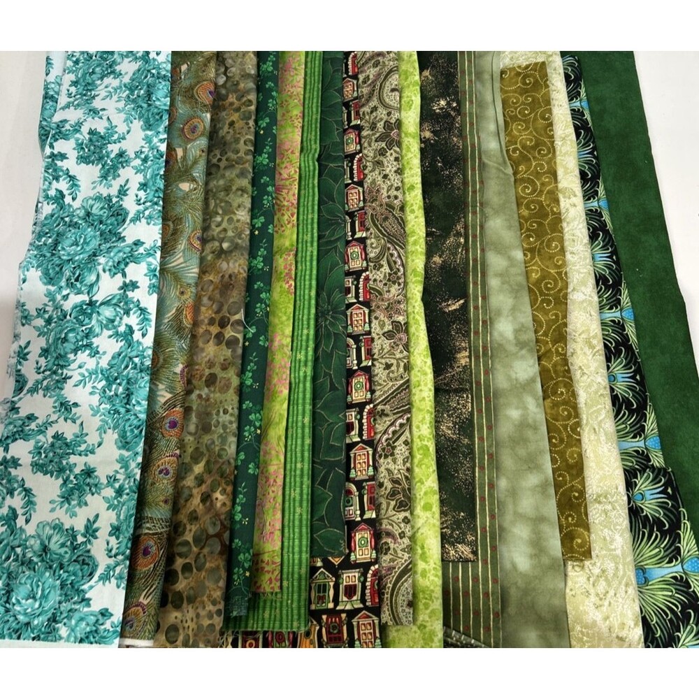 Shades of Green Fabric 17 Pc Lot Quilting Craft Sewing Art Project Cotton Prints